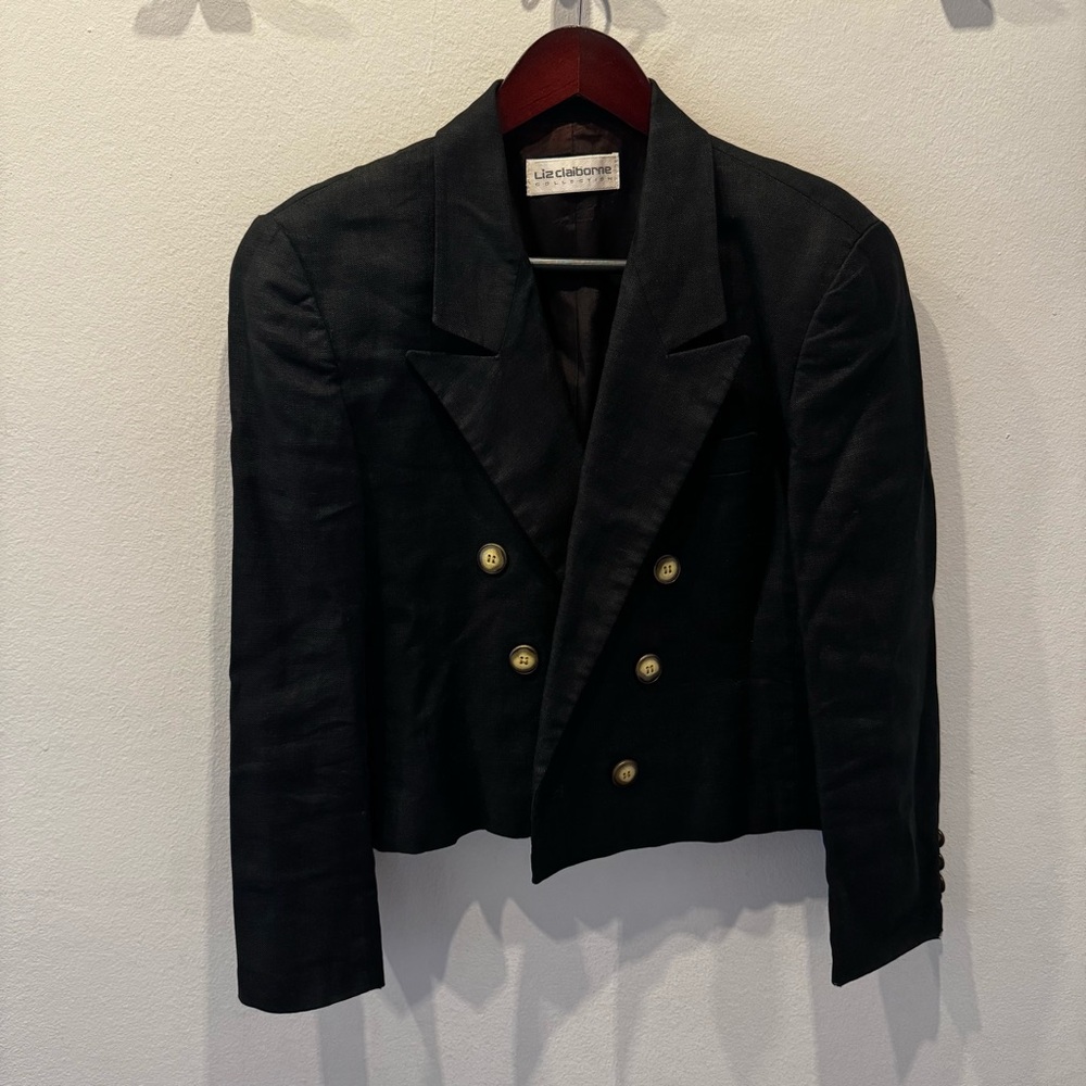 Liz Claiborne Black Cropped Double-Breasted Blazer with Gold Buttons